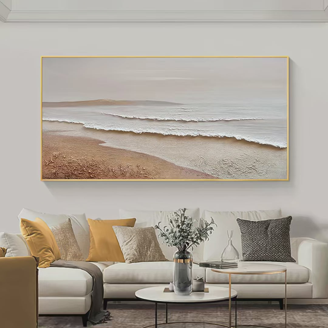 Whispering Tides: Textured Coastal Landscape Painting in Beige and White | Coastal Decor