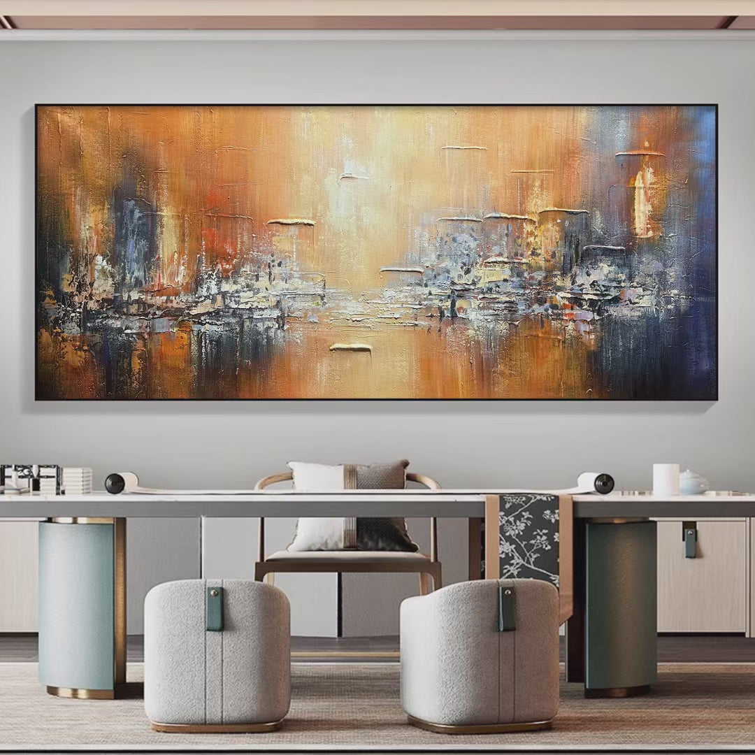 Golden City: Textured Abstract Cityscape Painting in Orange and Blue