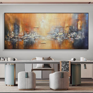 Golden City: Textured Abstract Cityscape Painting in Orange and Blue