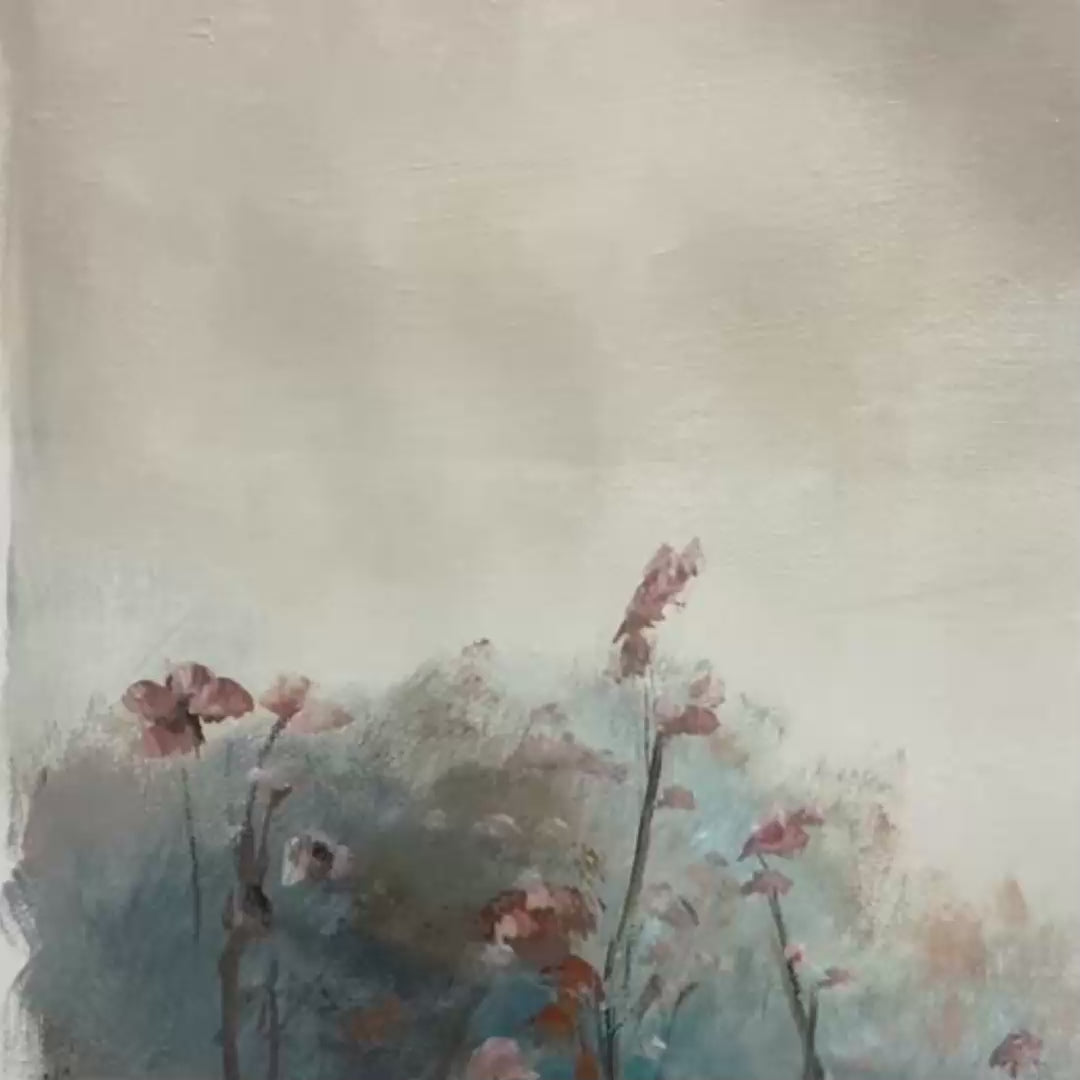 Meadow Valley Panoramic landscape painting by Liam O'Connell, featuring wildflowers and rolling hills under a soft sky.