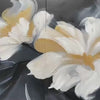 Textured abstract floral diptych paintings with white and gold impasto petals on a dark background.