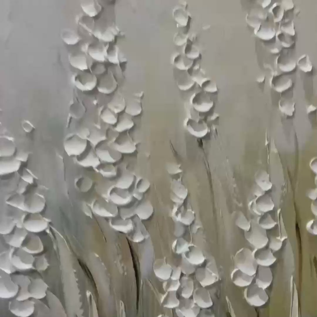 Textured white floral painting on panoramic canvas, minimalist impasto style by Elodie Dubois