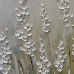 Textured white floral painting on panoramic canvas, minimalist impasto style by Elodie Dubois