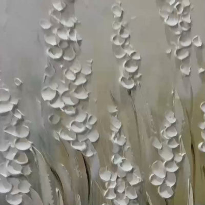 Textured white floral painting on panoramic canvas, minimalist impasto style by Elodie Dubois