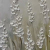 Textured white floral painting on panoramic canvas, minimalist impasto style by Elodie Dubois