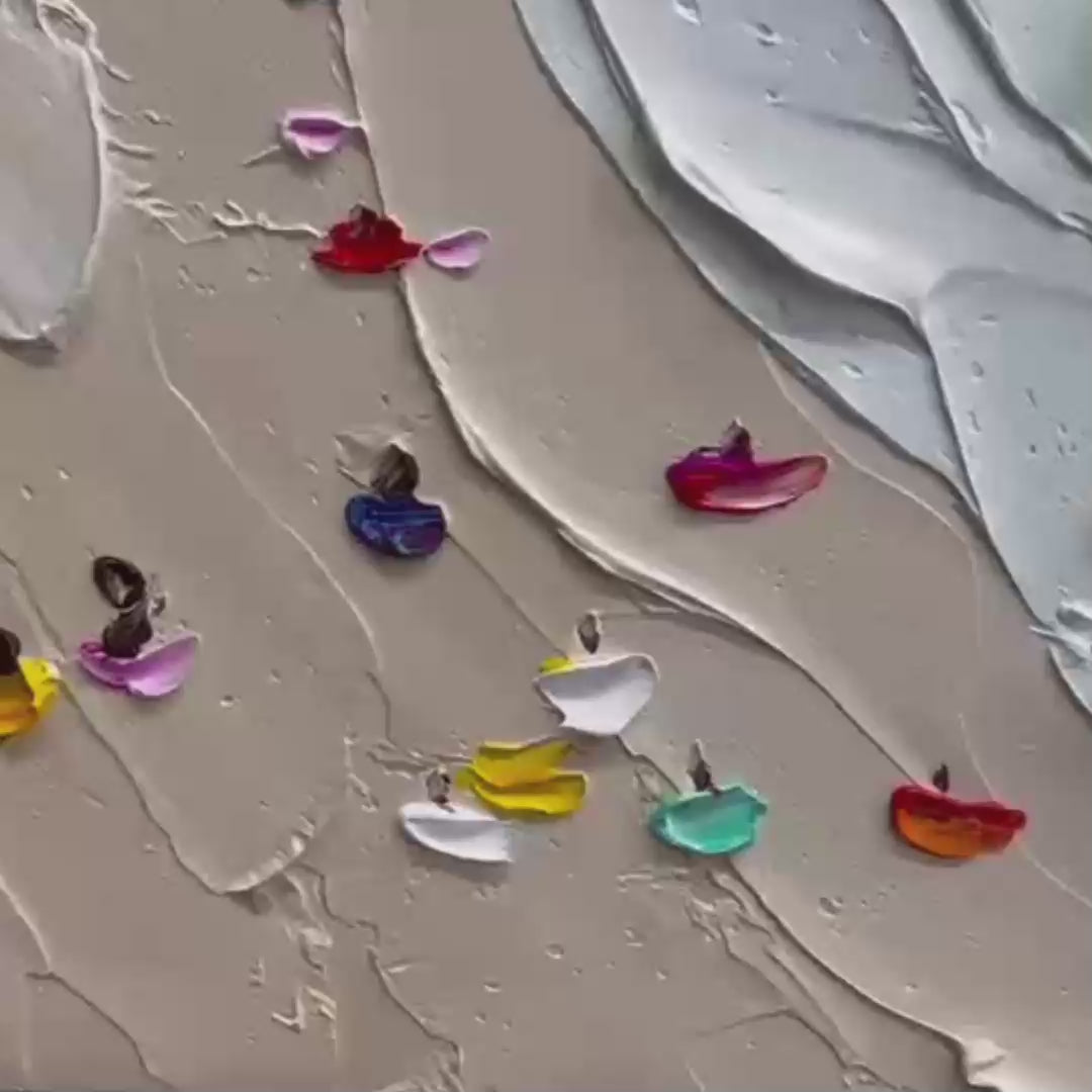 Javier Ramirez "Beach Day" textured minimalist beach scene painting with colorful umbrellas in a black frame.