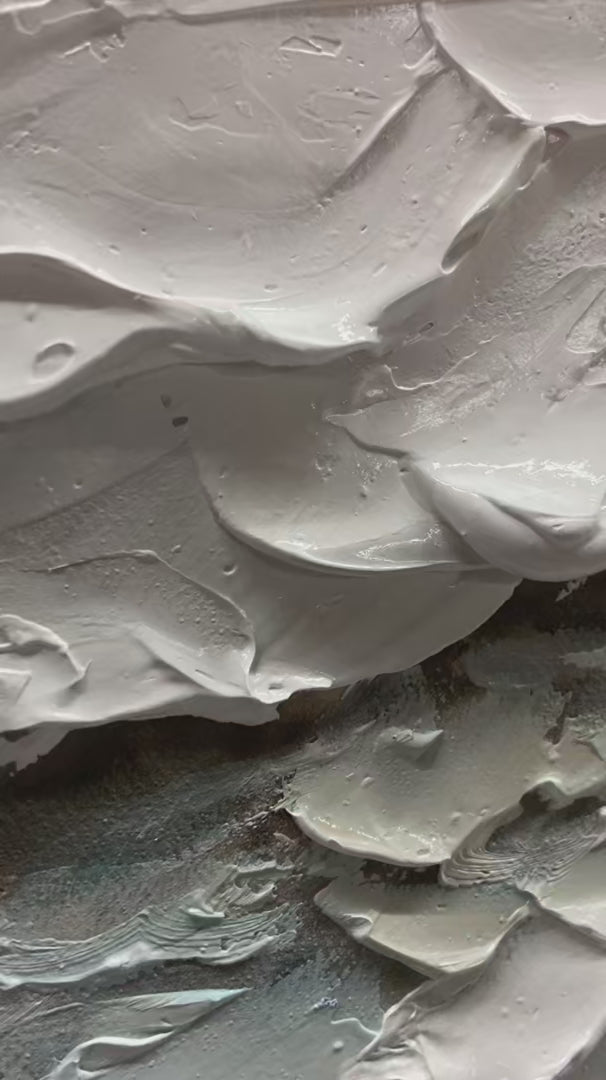 Serene Seascape: Panoramic Textured Abstract Painting | Impasto Wall Art | Blue, White, Beige | Living Room & Bedroom