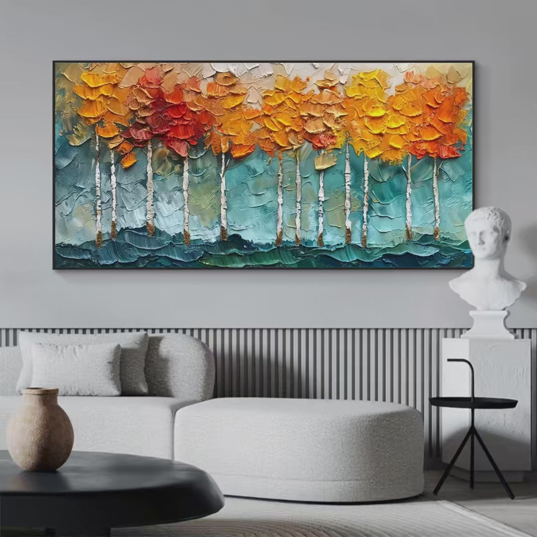 Golden Aspen: Textured Forest Painting | Impasto Wall Art | Horizontal Canvas | Autumn Decor