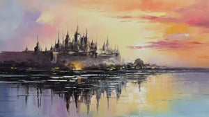 Twilight Kingdom: Panoramic Castle Landscape Oil Painting Canvas Wall Art Decor