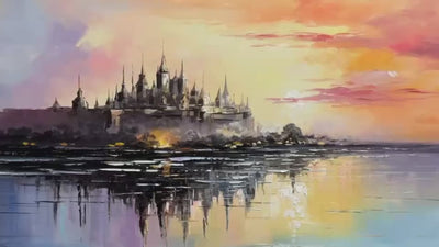 Twilight Kingdom: Panoramic Castle Landscape Oil Painting Canvas Wall Art Decor