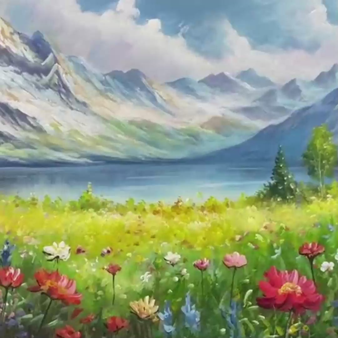 Original handmade oil painting of alpine wildflower meadow with colorful flowers, mountain lake and snow-capped peaks.
