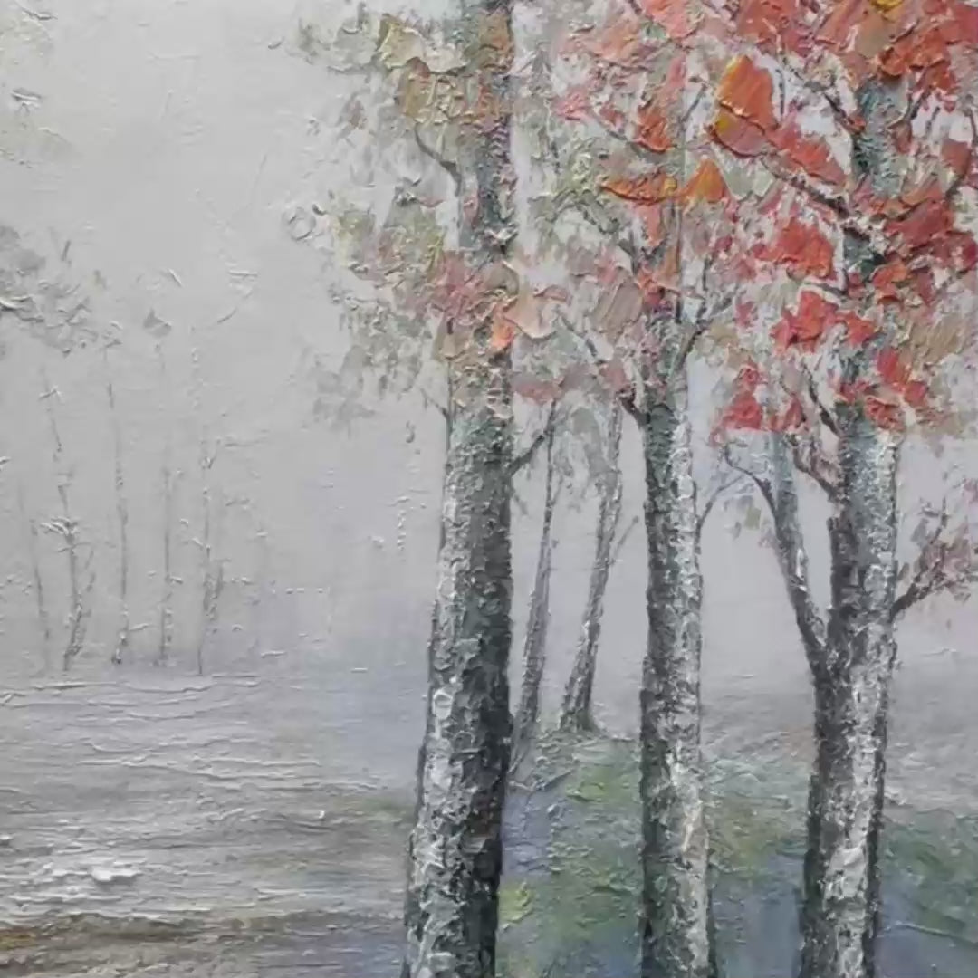 Autumn Whispers horizontal forest painting: birch trees with orange leaves, misty path, serene woodland scene in black frame.