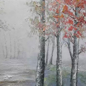 Autumn Whispers horizontal forest painting: birch trees with orange leaves, misty path, serene woodland scene in black frame.