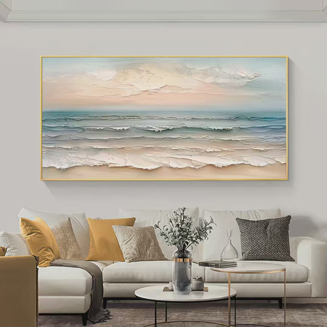 Coastal Serenity: Textured Seascape Painting | Impasto Wall Art | Horizontal Canvas | Beach Decor