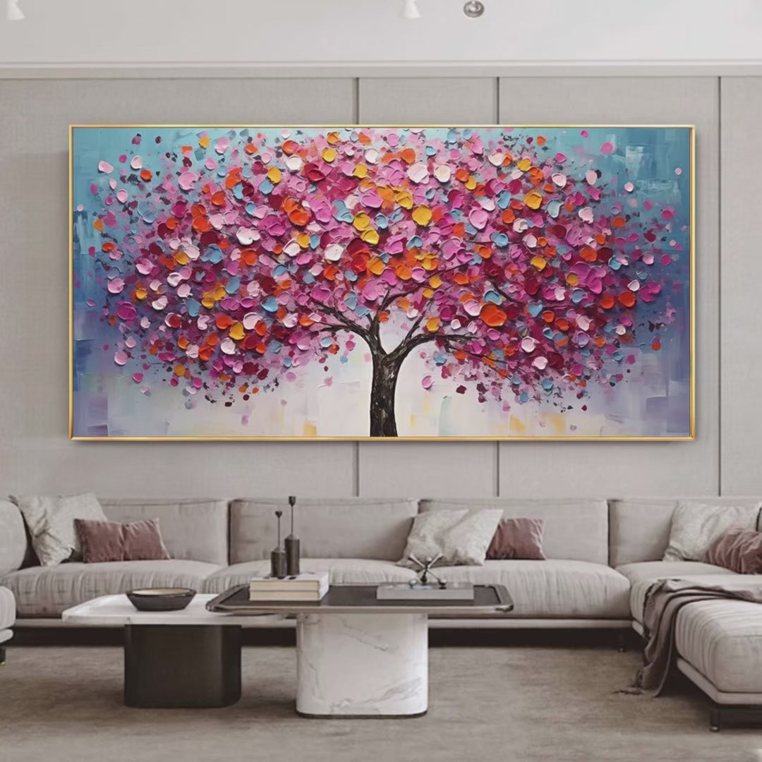 Jewel Tones Tree: Textured Impasto Tree Painting in Vibrant Pink