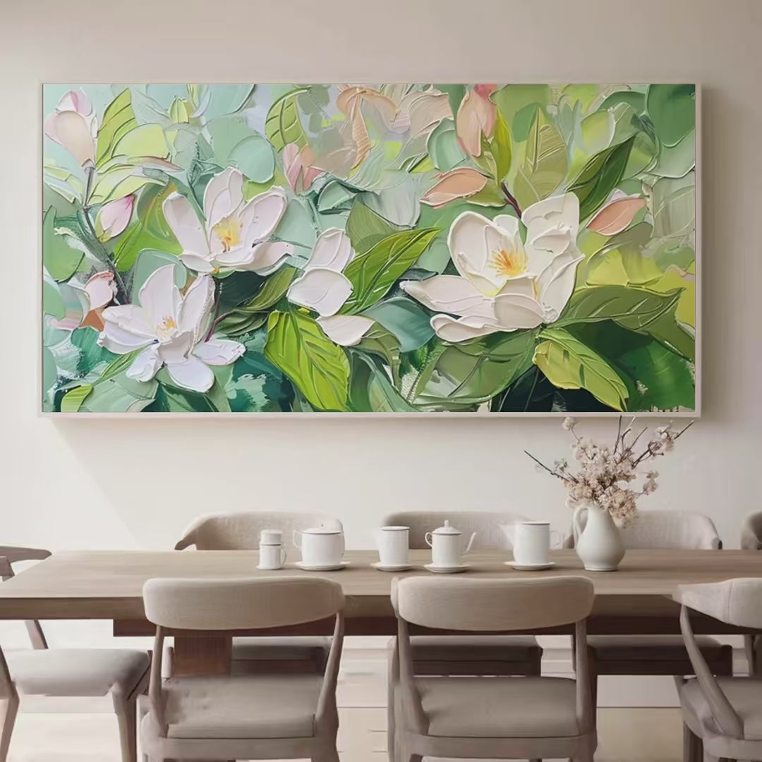 Magnolia Blossoms: Textured Floral Painting | Impasto Wall Art | Horizontal Canvas | Magnolia Decor