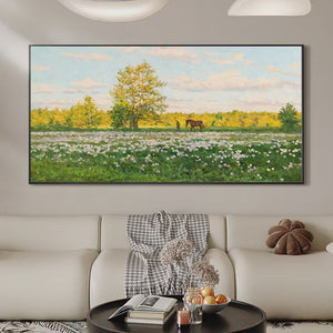 Sunlit Meadow: Tranquil Landscape Painting with Horse and Figure | Landscape Decor