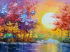 Twilight Reflections: Colorful Landscape Painting of Trees by the Water | Landscape Decor