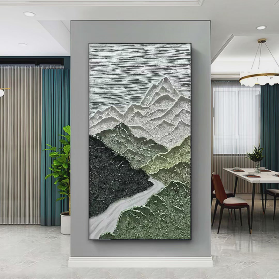 Jade Peak: Textured Green & White Mountain Landscape Painting for Serene Decor