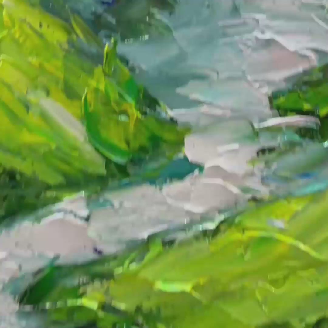 Emerald Valley textured green abstract mountain painting by Willow Davies, impasto landscape with gold frame.