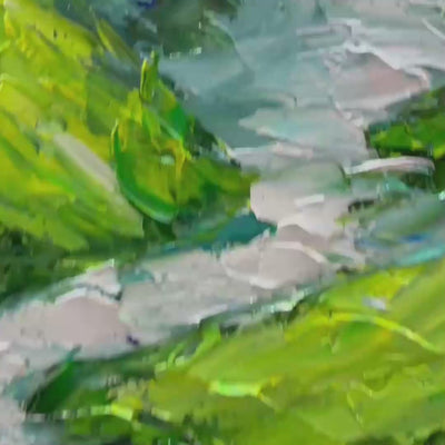 Emerald Valley textured green abstract mountain painting by Willow Davies, impasto landscape with gold frame.