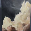 Stormy Skies painting by Liam O'Connell, vertical cloudscape art with dark and light hues in a gold frame.