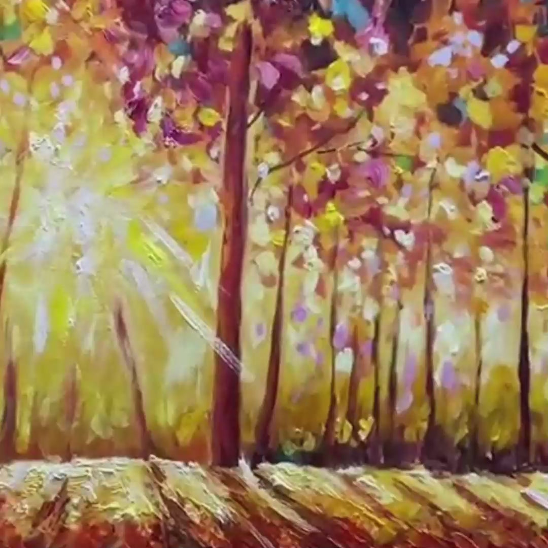 AUTUMN SUNRISE: Panoramic forest painting with warm orange and yellow autumnal foliage and sunlit trees.