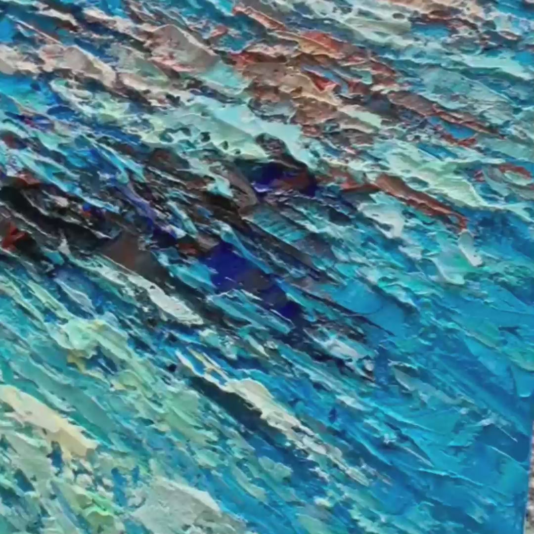 Azure Depths: Impasto Seascape Oil Painting in Blues and Greens on