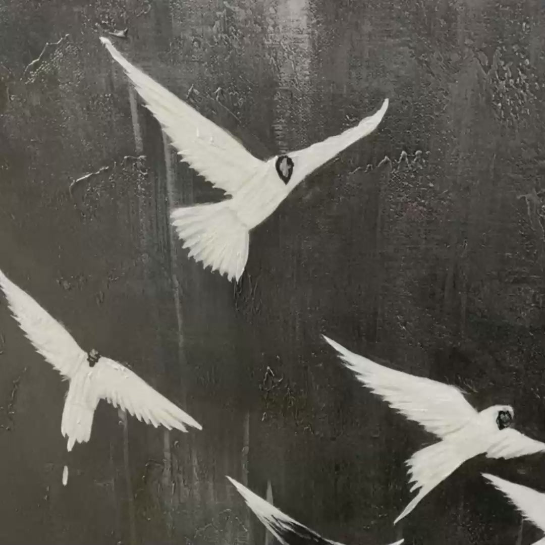 Flight of Dreams: Original Minimalist Birds Oil Painting - Black and White Wall Art