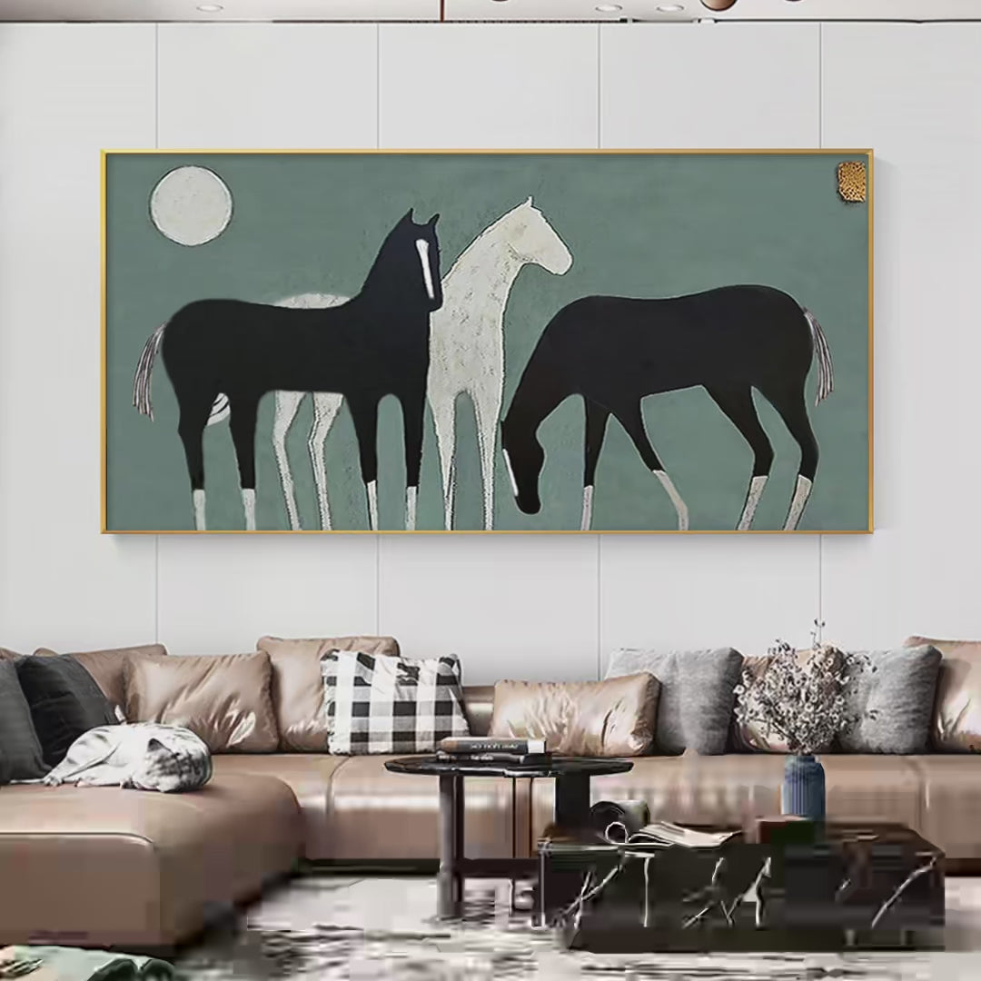 Three Horses Under the Moon Minimalist Horse Painting Panoramic Wall Art