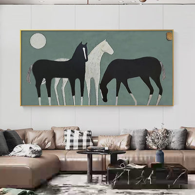 Three Horses Under the Moon Minimalist Horse Painting Panoramic Wall Art