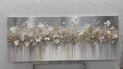 GOLDEN DRIFT: White and Gold Floral Abstract Painting for Living Room