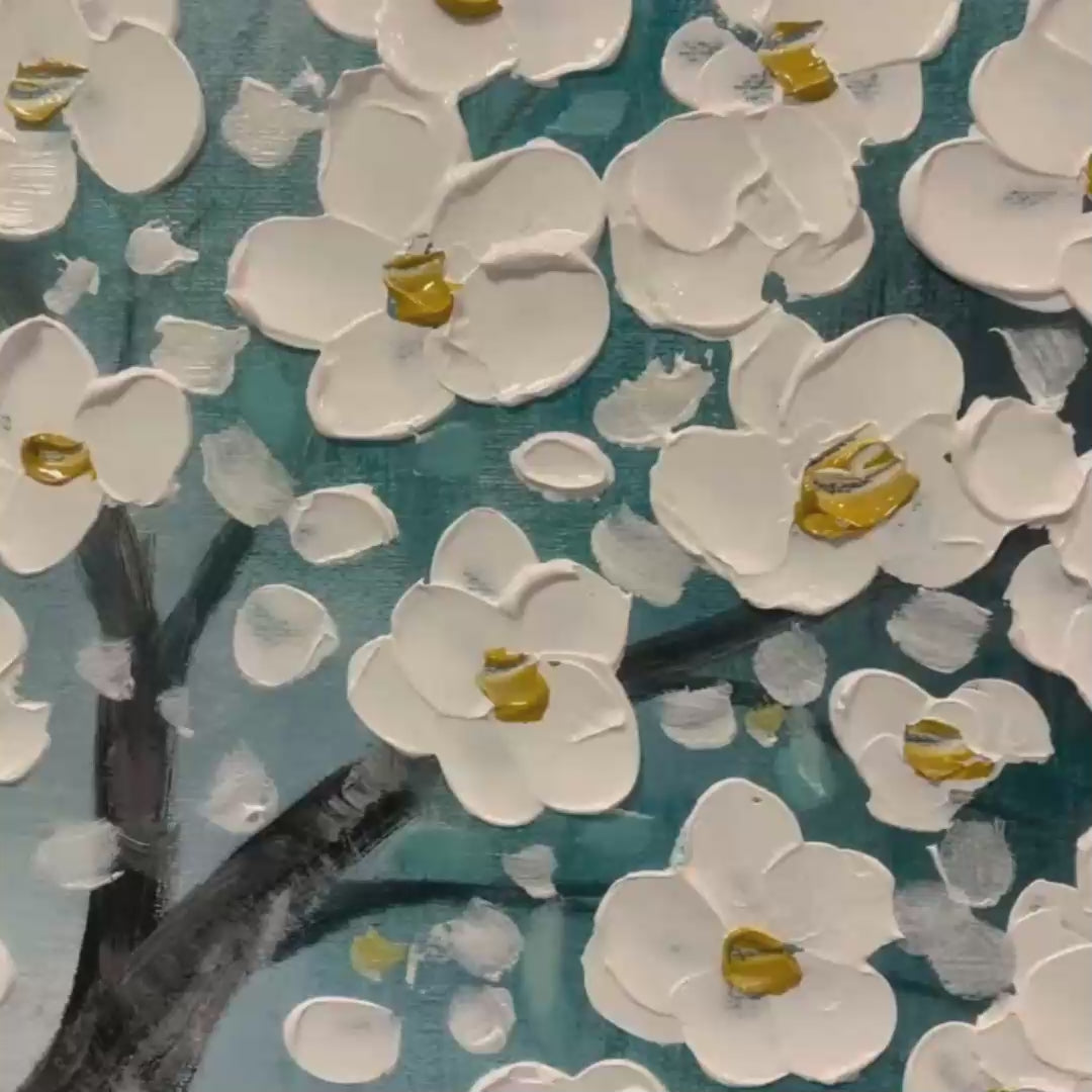 Blossom Dream: White Floral Impasto Oil Painting Canvas Wall Art Decor