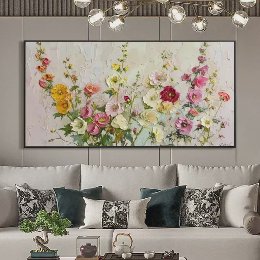 SUMMER BOUQUET: Textured Floral Painting, Impasto Wall Art, Panoramic Canvas, Colorful Decor