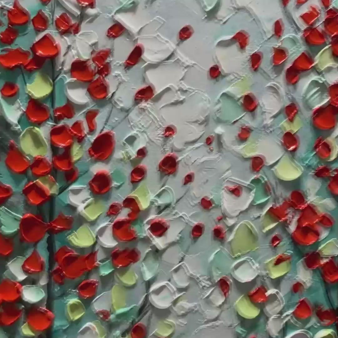 Vertical Textured Impasto Painting of a Forest with Red Accents, Modern Wall Art, Blue, Green and Red
