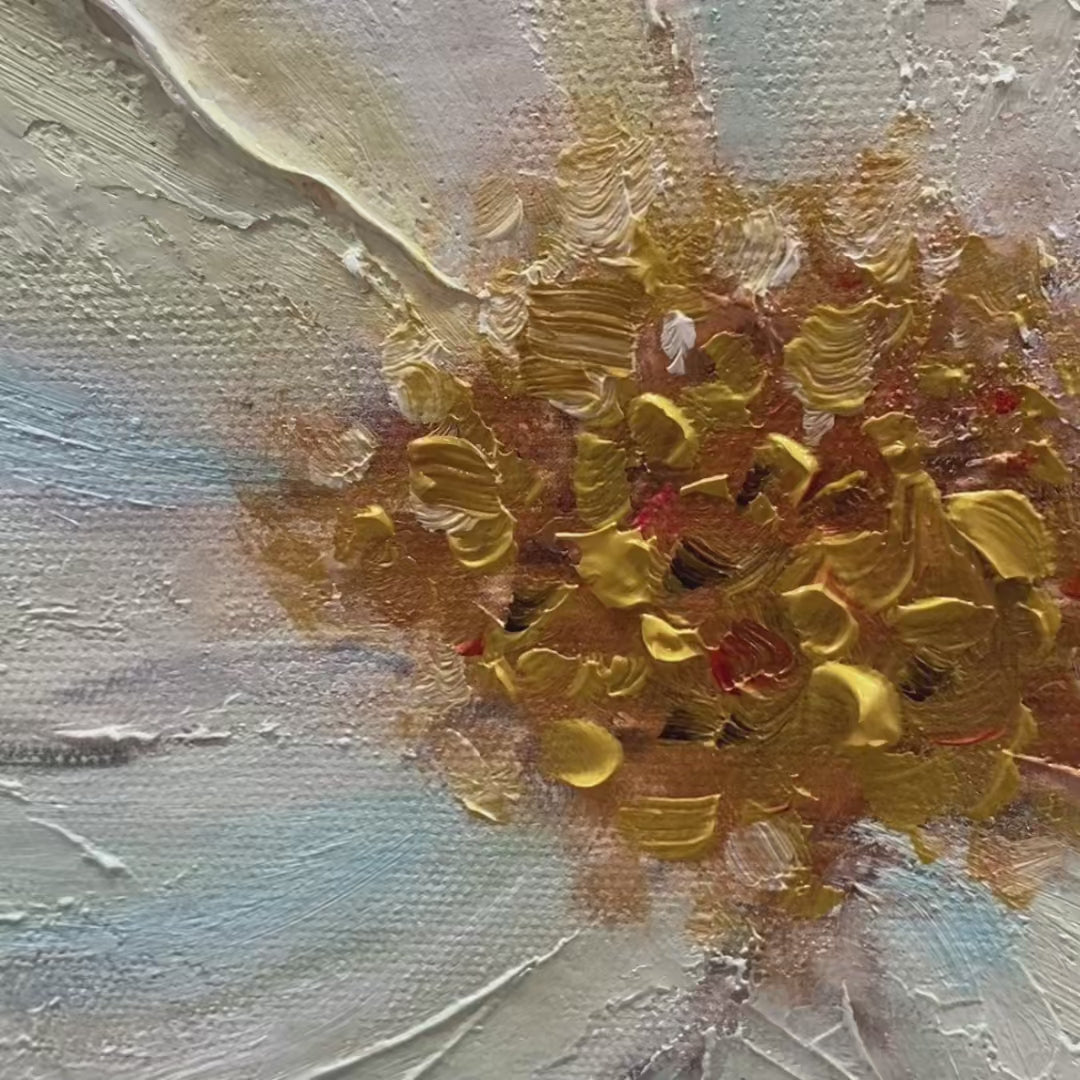 Golden Blossoms: Vertical Textured Floral Painting | Impasto White Flowers | Gold Accents | Living Room & Bedroom