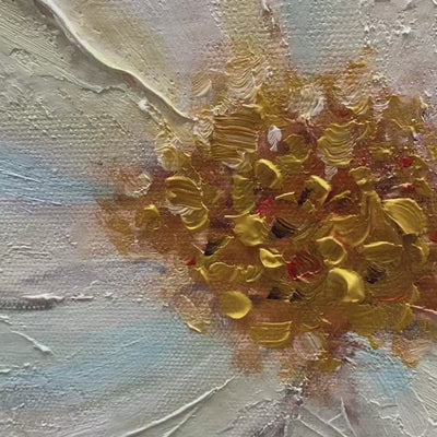 Golden Blossoms: Vertical Textured Floral Painting | Impasto White Flowers | Gold Accents | Living Room & Bedroom