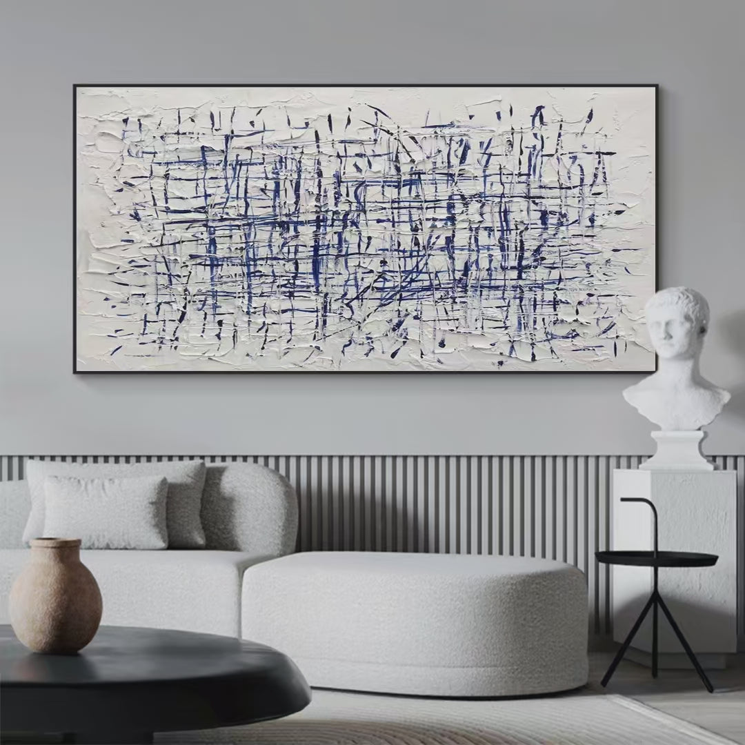 Blue Grid: Textured Minimalist Abstract Painting in Blue and White | Modern Art