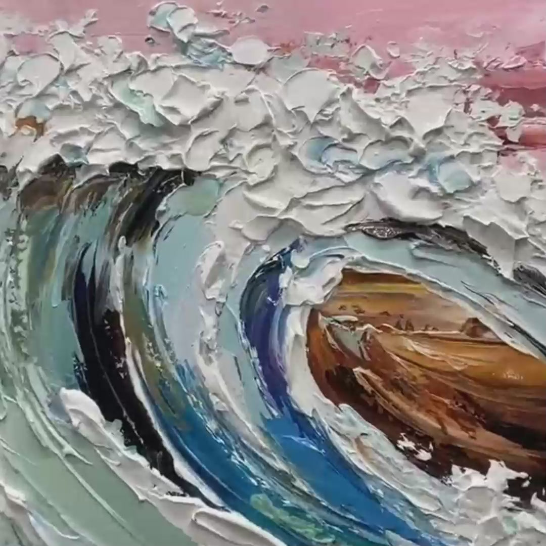 Textured impasto painting of a dynamic ocean wave in shades of blue and pink by Liam O'Connell, showcasing coastal serenity.