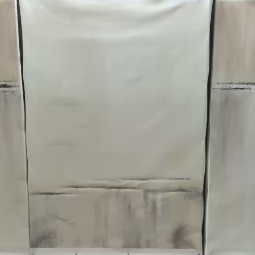 Abstract waterfall triptych: 3 minimalist paintings with beige, grey, white tones and gold frames.