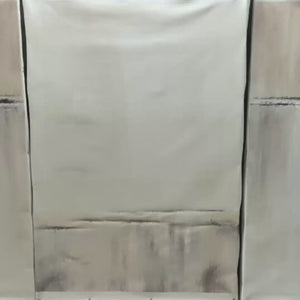 Abstract waterfall triptych: 3 minimalist paintings with beige, grey, white tones and gold frames.