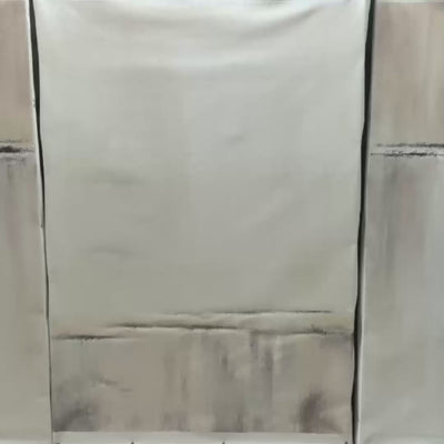 Abstract waterfall triptych: 3 minimalist paintings with beige, grey, white tones and gold frames.
