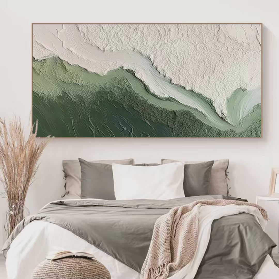 EMERALD FLOW: Textured Abstract Landscape Painting, Green and White Wall Art, Panoramic Canvas, Nature-Inspired Decor