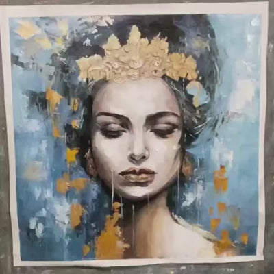 Golden Muse: Portrait Painting | Blue & Gold | Square Canvas | Figurative Wall Art