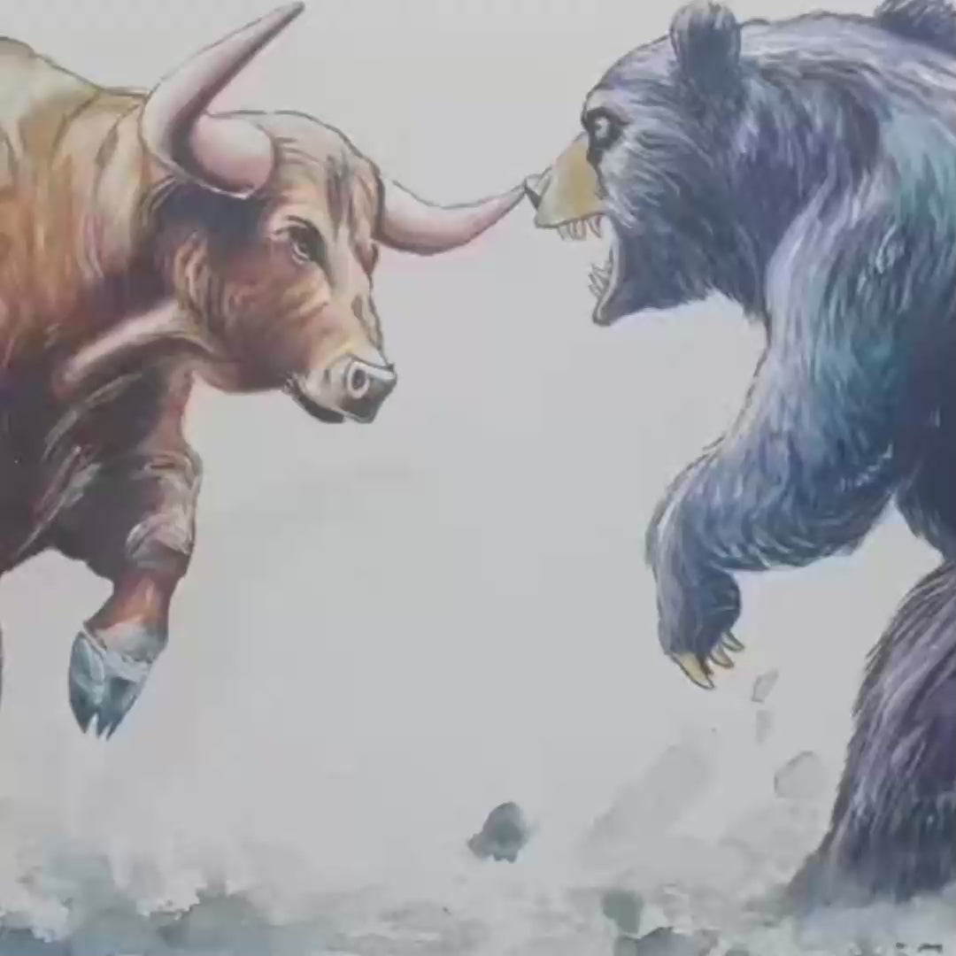 Clash of Forces: Original Panoramic Bull and Bear Oil Painting - Wildlife Wall Art Decor
