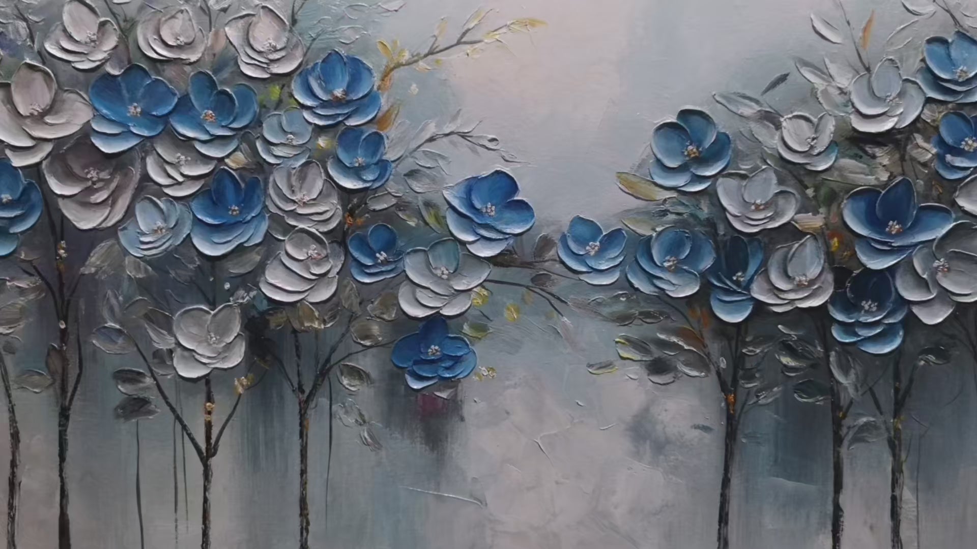 Azure Blossoms: Original Blue and Gold Floral Oil Painting - Textured Impasto Wall Art Decor