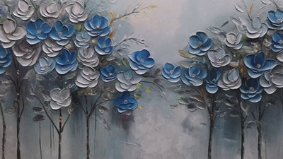 Azure Blossoms: Original Blue and Gold Floral Oil Painting - Textured Impasto Wall Art Decor