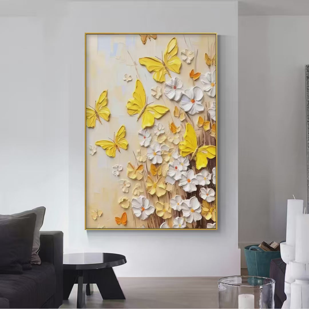 Golden Butterflies: Textured Butterfly and Floral Painting | Yellow and White Wall Art | Vertical Canvas | Impasto Decor