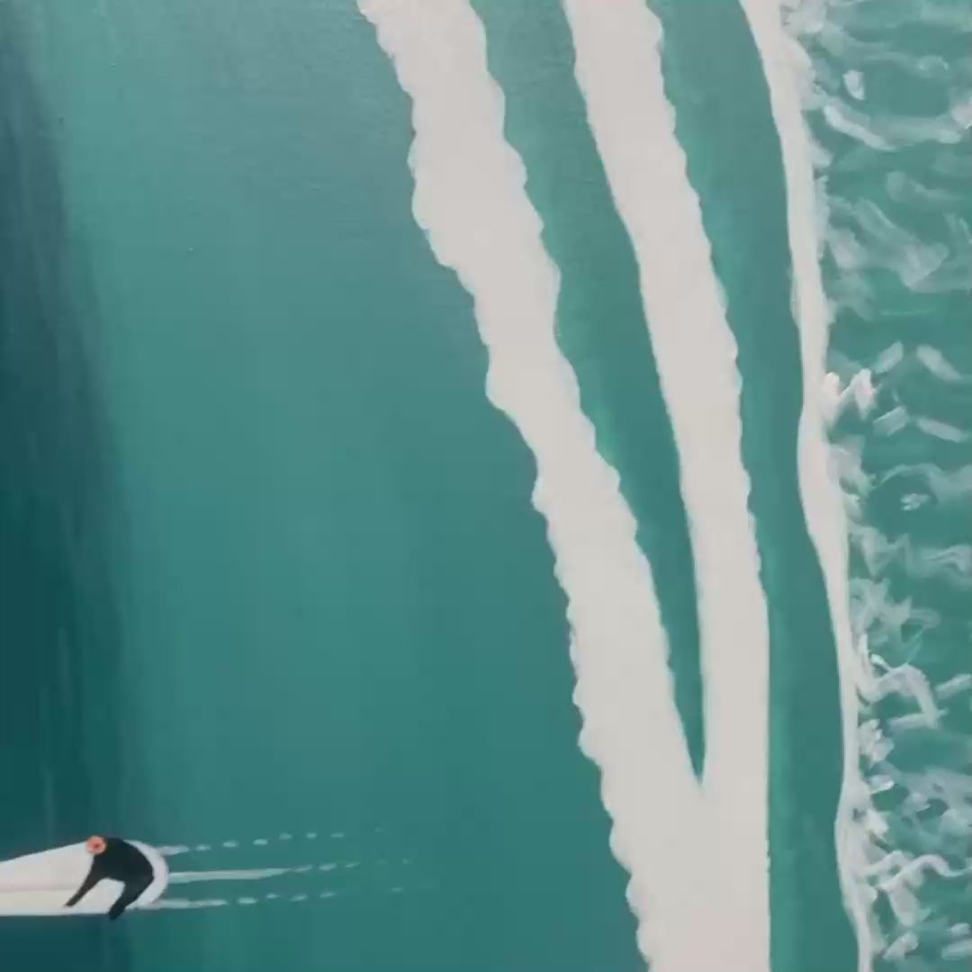 OCEAN'S THREE Minimalist Aerial Surfing Scene Oil Painting