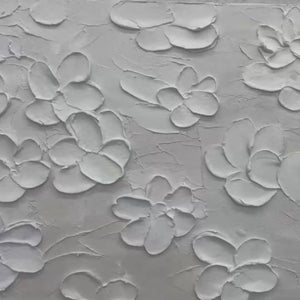 Blanc Bloom: textured white floral impasto painting with 3D effect, gold frame. Elegant and romantic artwork for bedrooms.